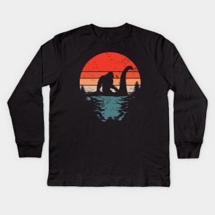 Bigfoot Riding Loch Ness - Retro Kids Long Sleeve T-Shirt